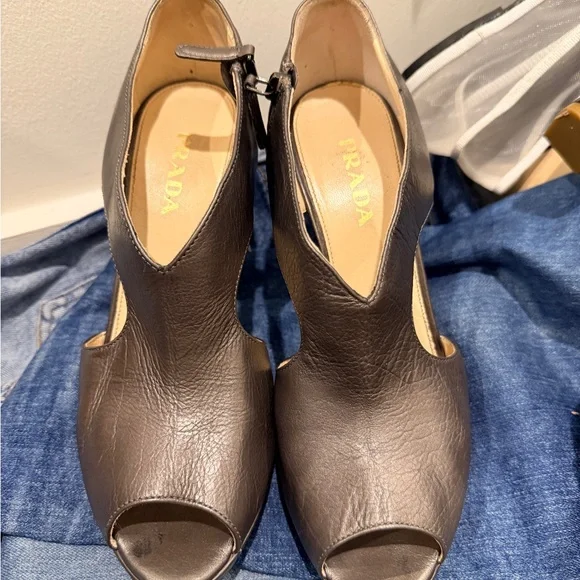 Prada Women's Dark Brown Peep-Toe Heels - Picture 1 of 5